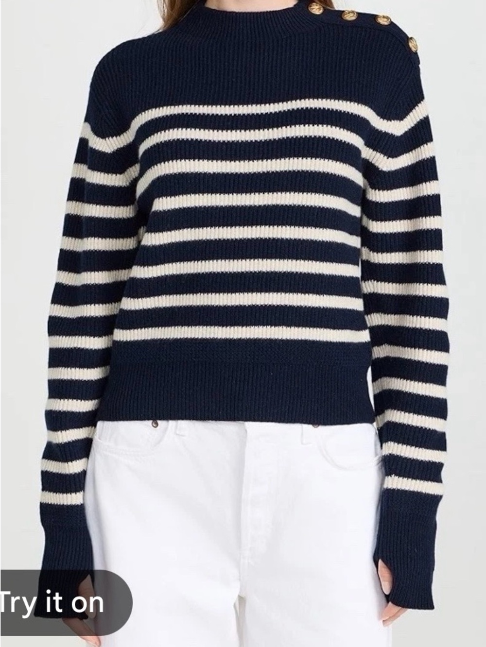 rag & bone Navy and Cream Striped Button-Shoulder Crew Sweater